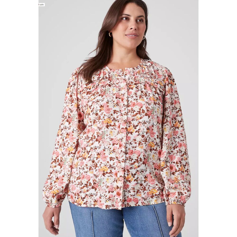 Lane Bryant Light Pink Floral Long Sleeve Flounce Button Down Shirt Sz18 (2X)